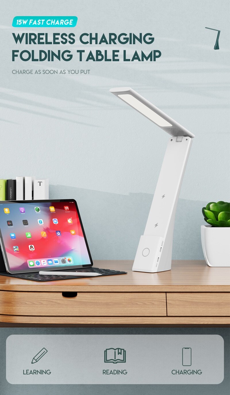 Smart LED Desk Lamp - Wireless Charger for iPhone & Samsung