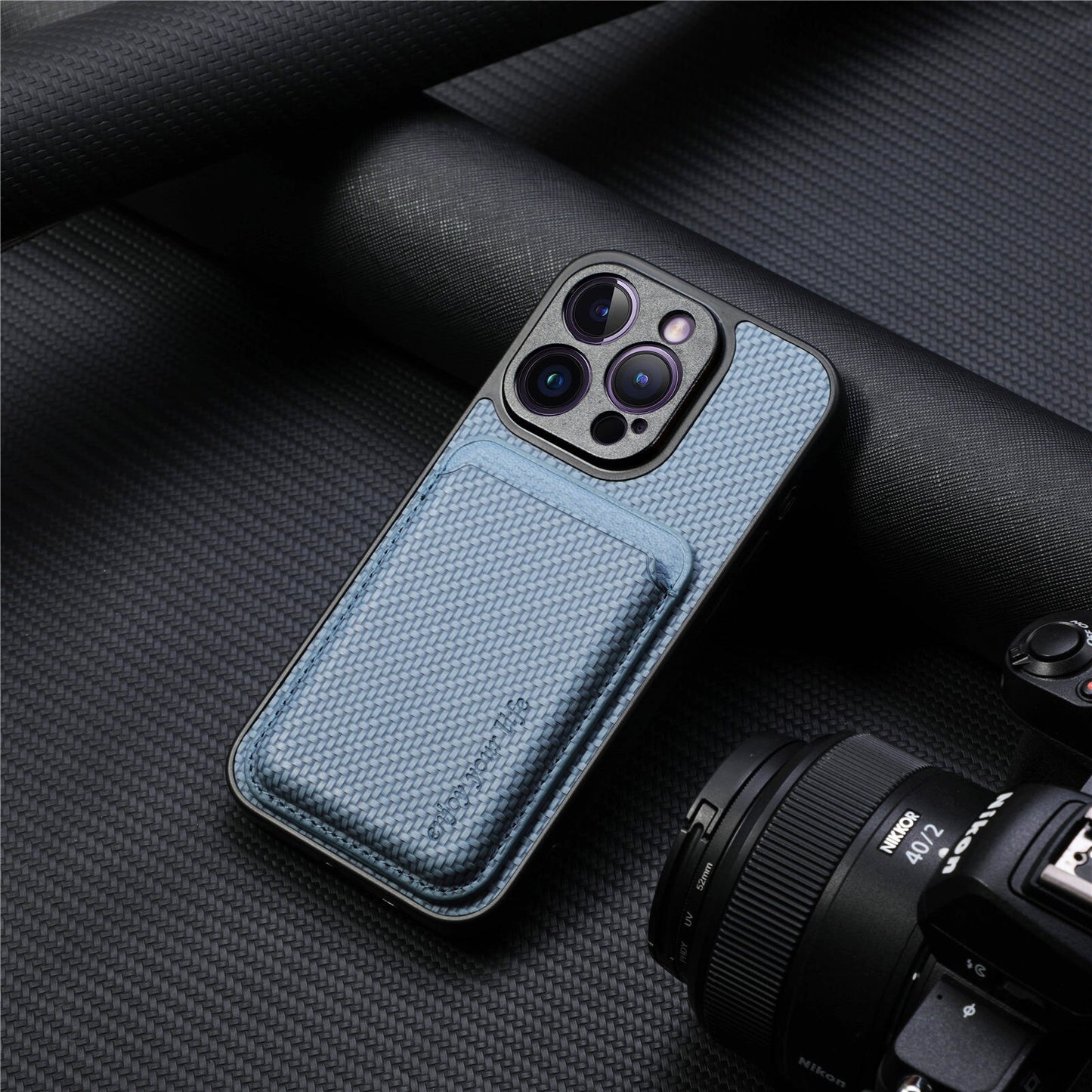 Carbon Fiber Texture Magnetic Card Holder PU Leather Case for iPhone