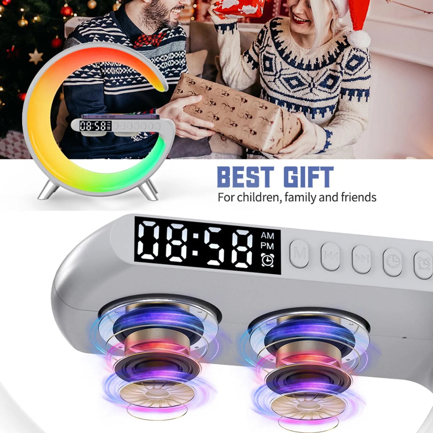 Wireless Charger Bluetooth Speaker RGB Atmosphere Light Alarm Clock Bedside Lamp With APP Control