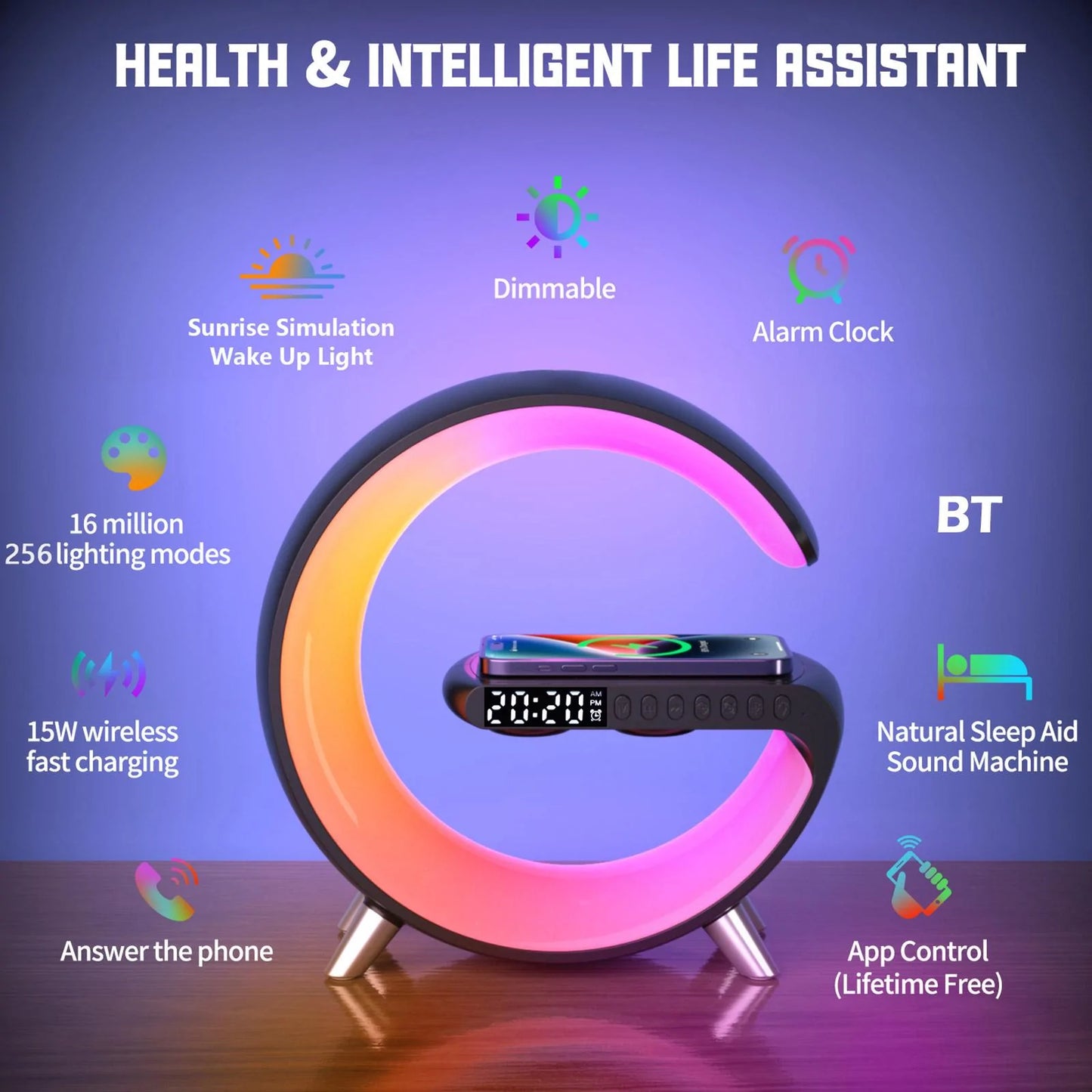 Wireless Charger Bluetooth Speaker RGB Atmosphere Light Alarm Clock Bedside Lamp With APP Control