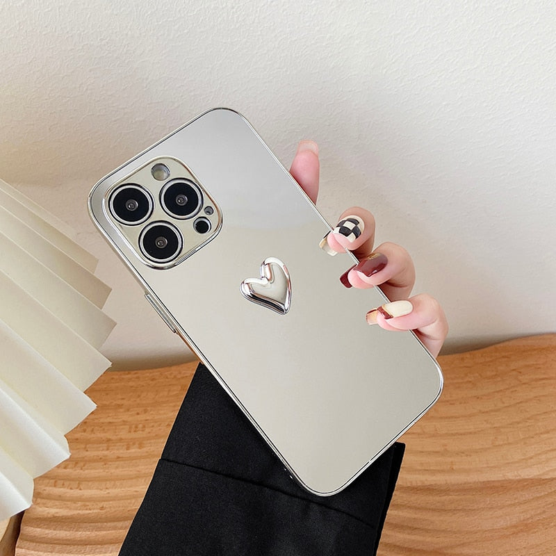 3D Silver Golden Heart Shockproof Mirror Case for iPhone
