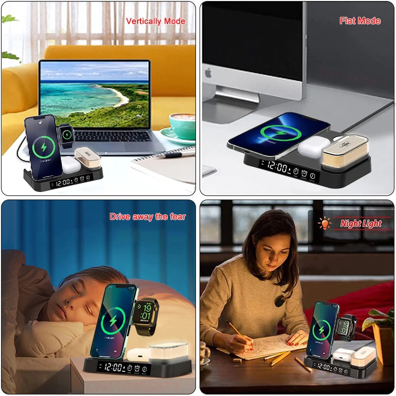 3 in 1 Wireless Charger For iPhone - Apple Watch & Airpods With Lamp and Alarm Clock
