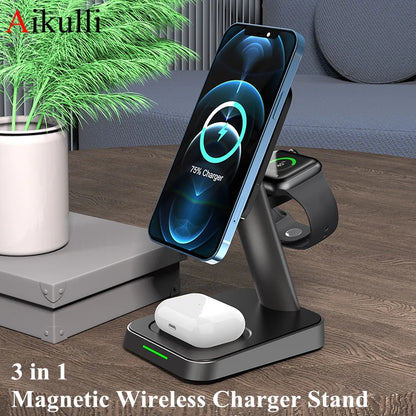 15W Fast Charging Stand 3 in 1 Wireless Charger Station Magnetic Holder for iPhone Apple Watch AirPods