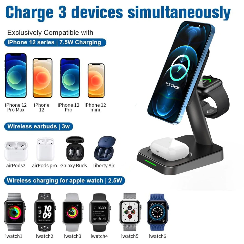 15W Fast Charging Stand 3 in 1 Wireless Charger Station Magnetic Holder for iPhone Apple Watch AirPods