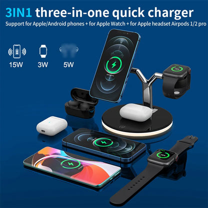 15W Fast Charging Dock Station 3 in 1 Magnetic Wireless Charger For iPhone For Apple Watch Airpods Qi Charger